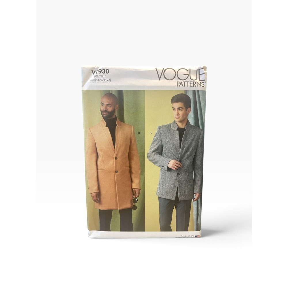 Vogue V1930 Sewing Pattern Mens Size 34-40 Tan Grey Slim Fit Lined Coat Uncut FF